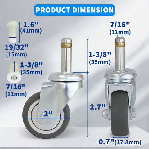 Heavy Duty 2 Inch Swivel Stem Caster Wheels With 7/16-Inch Stem For Mop Buckets, Utility Carts, And Shop Vacs dimensions visual