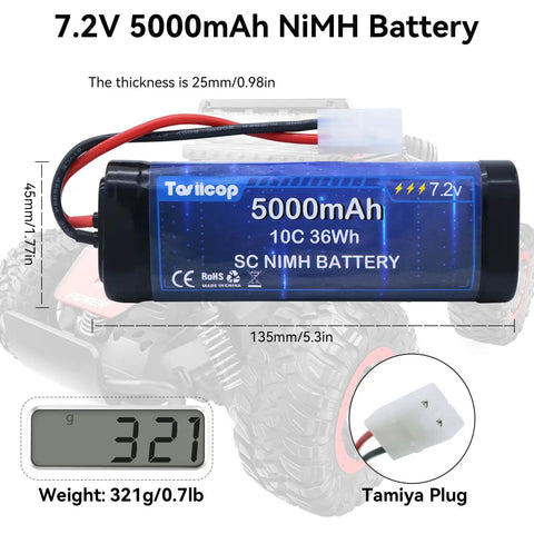 7.2V 5000mAh NiMH RC Battery Pack with Tamiya plug, 135mm length, 36Wh, weight 321g, suitable for RC cars and monster trucks.
