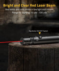 Pro Grade Red Laser Bore Sight Kit with 16 Caliber Adapters on wooden surface, showing bright beam and on/off switch button