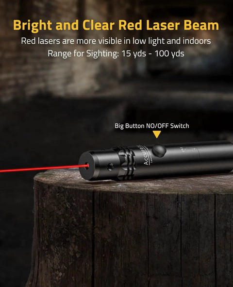 Pro Grade Red Laser Bore Sight Kit with 16 Caliber Adapters on wooden surface, showing bright beam and on/off switch button
