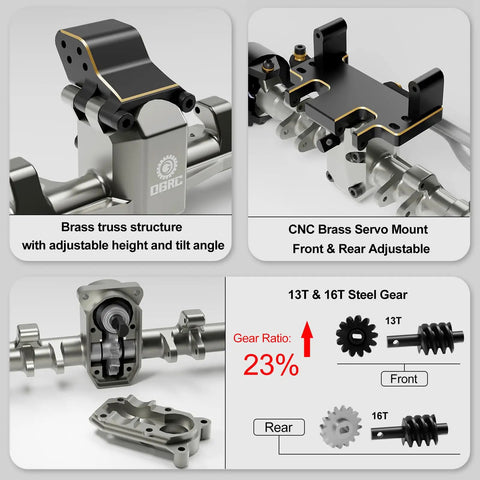 1/24 Scale Beefed-Up Extended Axle Set With 5mm Gain, 50 Degree Steering, Brass Knuckles, Truss, And Servo Mount For Axial SCX24 Deadbolt C10 JLU Gladiator Bronco RC Crawler Retro Titanium features.
