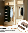 Open closet with clothes, featuring Stainless Steel Cabinet Door Magnets Set Of Four Two Point Two Inch Heavy Duty Magnetic Catches.