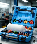 No More Messy Oil Pouring With This Universal Flexible Funnel Kit featuring an assortment of adapters in a blue carrying case.