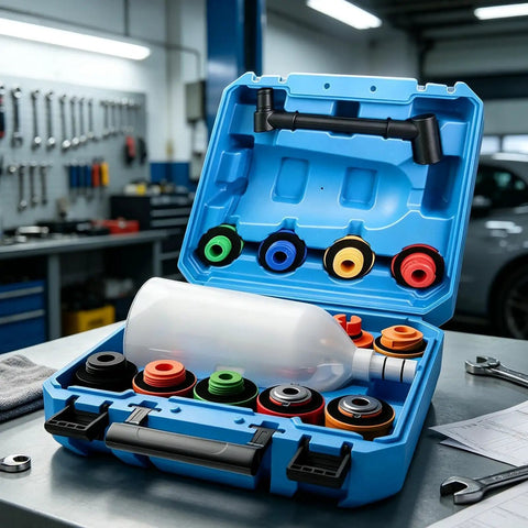 No More Messy Oil Pouring With This Universal Flexible Funnel Kit featuring an assortment of adapters in a blue carrying case.