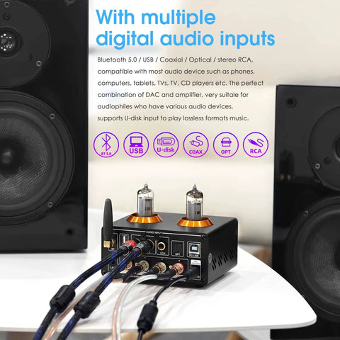 Rear view of ST-01 Pro 200W Bluetooth Tube Amplifier With USB DAC Coaxial And Optical Inputs showing multiple connections and tubes.