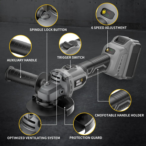 Cordless Angle Grinder 4-1/2 Inch Brushless Tool Only 6-Speed Variable showing components like handle and trigger