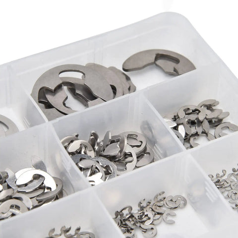 Pro Grade Stainless Steel E Clip Retaining Ring Set With 400Pcs Assortment Kit Sizes 1.5mm To 15mm in storage box compartments.