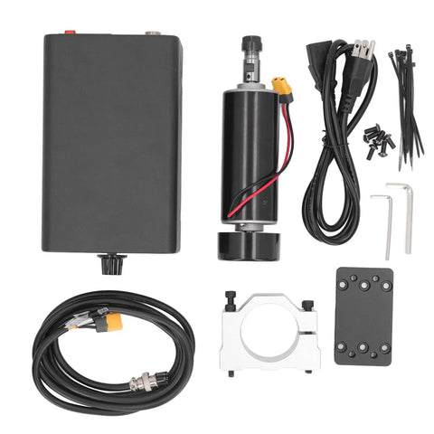 Top Tier 500W CNC Spindle Motor Kit Features Forced Air Cooling, includes motor, control box, cables, and mounting hardware.