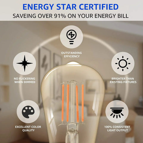 Dimmable Vintage E26 LED Light Bulb 2200K Warm White 5.5W 60W Equivalent showing energy efficiency highlights