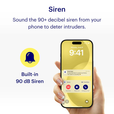 Person holds phone displaying siren feature of Indoor Home Security Cam 1080P HD WiFi, 24x7 Live Video, Siren, Climate Monitor.