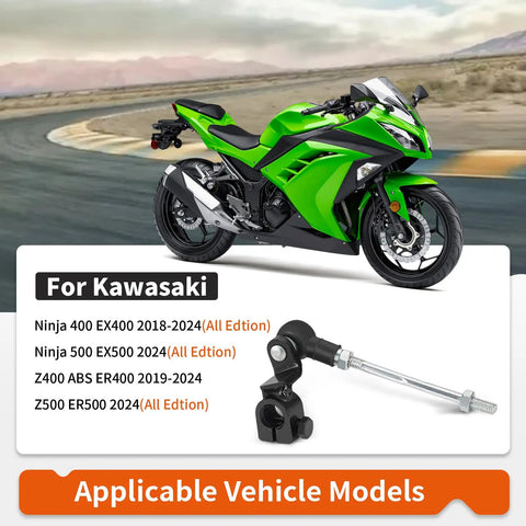 Shift Linkage Lever For Ninja 400 500 Z400 ER400 ER500 2018 2024 All Editions; Kawasaki sport bike on track; applicable models listed.