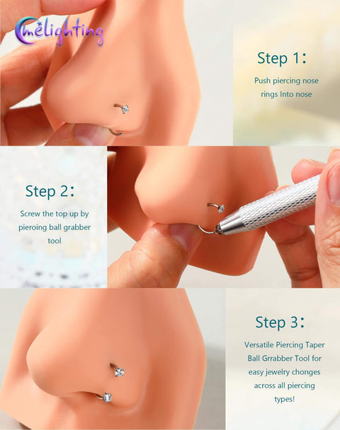 Must-Have Flower 20G Horseshoe Nose Ring Kit With Ball Grabber Tool displayed with step-by-step usage instructions.