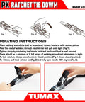 Operating instructions for Heavy Duty 8 Pack Ratchet Tie Down Straps 1 Inch by 10 Feet with images of usage steps.