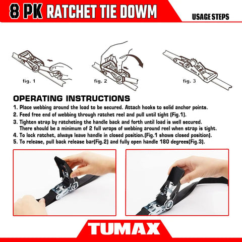 Operating instructions for Heavy Duty 8 Pack Ratchet Tie Down Straps 1 Inch by 10 Feet with images of usage steps.
