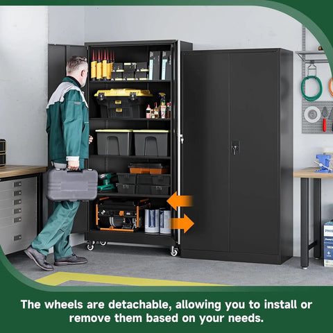 Person using durable metal garage storage cabinet with locking door and adjustable shelves built for home office and warehouse.
