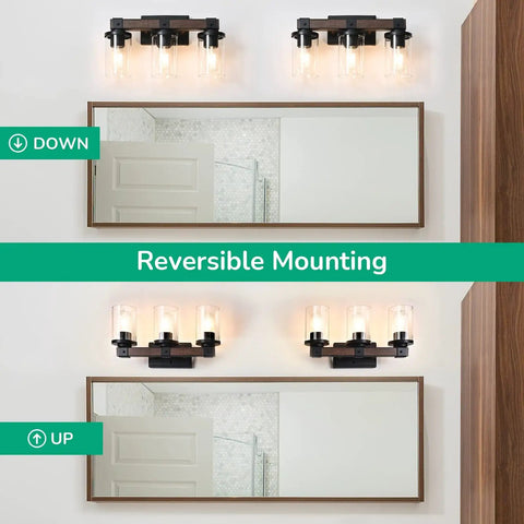 Farmhouse Vanity Lights For Bathroom, 3 Light Wall Sconce Over Mirror With Clear Glass Shades, Vintage Rustic Black Metal Frame