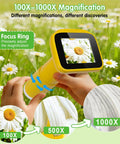 Kid Friendly Digital Handheld Microscope With 5 Slides 2.4 Inch IPS LCD 1000X Magnification 1080P Video 32GB Card Portable Pocket Microscope For Boys And Girls Aged 3 To 12 Cool Science Toy showing 100X-1000X zoom