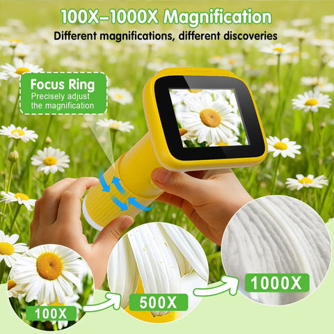 Kid Friendly Digital Handheld Microscope With 5 Slides 2.4 Inch IPS LCD 1000X Magnification 1080P Video 32GB Card Portable Pocket Microscope For Boys And Girls Aged 3 To 12 Cool Science Toy showing 100X-1000X zoom