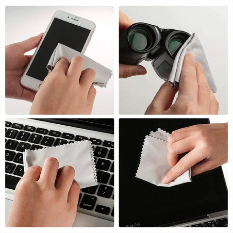 Microfiber cleaning cloth wiping smartphone screen, gray, front view
Microfiber cleaning cloth cleaning camera lens, gray, side view
Microfiber cleaning cloth wiping laptop keyboard, gray, close-up view
Microfiber cleaning cloth wiping laptop screen, gray, installed view