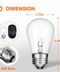 Outdoor S14 11W Incandescent Replacement Bulbs, 15 Pack Clear Glass, Waterproof E26 Screw Base, dimensions displayed
