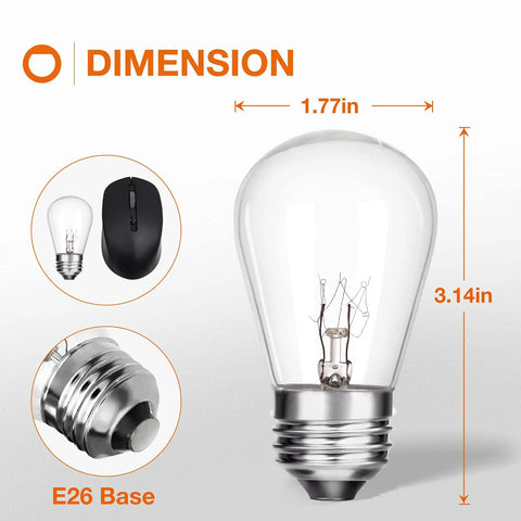 Outdoor S14 11W Incandescent Replacement Bulbs, 15 Pack Clear Glass, Waterproof E26 Screw Base, dimensions displayed