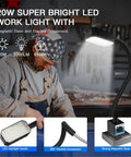 Insane Bright 20W Magnetic Work Light Packing 2000 Lumens with flexible gooseneck and magnetic base in a workshop setting.