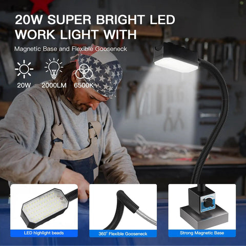 Insane Bright 20W Magnetic Work Light Packing 2000 Lumens with flexible gooseneck and magnetic base in a workshop setting.