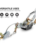 Beefy Five Ton Come Along Winch With Ten Foot Cable Dual Gear Hand Winch Heavy Duty Puller shown with versatile uses illustration