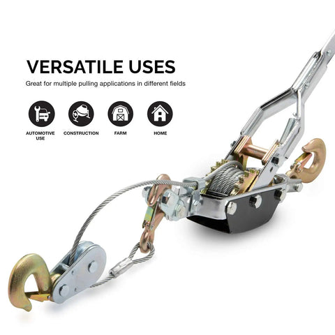 Beefy Five Ton Come Along Winch With Ten Foot Cable Dual Gear Hand Winch Heavy Duty Puller shown with versatile uses illustration