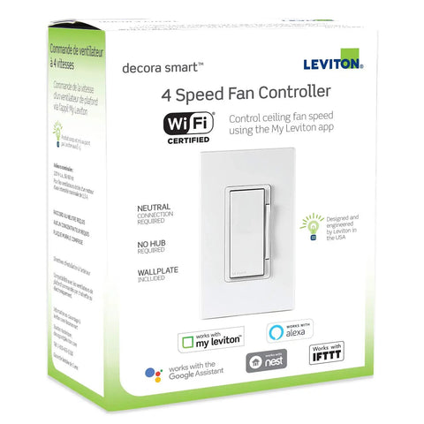 Product packaging of Smart Wi Fi Fan Speed Controller With No Hub Lets You Run Four Speeds From Anywhere Using The Smart Home App Schedule Sunrise Sunset Not For Light Kits Needs DW6HD Dimmer.