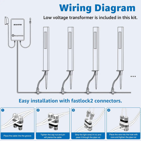 Wiring diagram for All In One LED Low Voltage Landscape Lighting Kit 12 Pack With 60W Transformer 100 Feet Wire 12 Aluminum Pathway Lights
