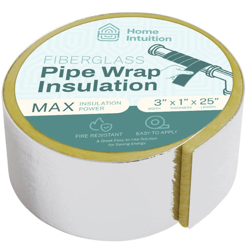 Foiled Back Fiberglass Pipe Insulation Wrap 25 Foot Long, 3 Inch Wide, 1 Inch Thick With Vapor Barrier displayed in packaging