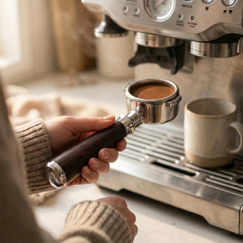 54mm Bottomless Espresso Portafilter With Three Ear Design For Breville And Sage Barista Machines in hand near espresso machine.