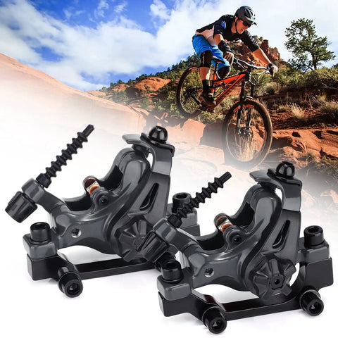 Heavy Duty Mechanical Disc Brake Kit With Dual Piston Calipers And 160 Mm Rotors close-up of dual aluminum calipers for mountain biking.