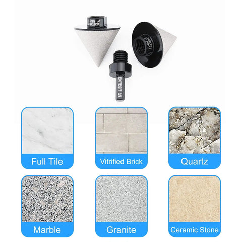Heavy Duty Beveling Chamfer Drill Bit For Countersinking Holes In Porcelain And Ceramic Tiles Up To 2 Inches 50mm In Diameter with material samples