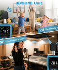 Everyday Boss Sound Level Meter For Home And Work, Ultra Accurate 30 To 130dB Decibel Reader With 0.1dB Resolution, shown in home and studio use