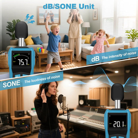 Everyday Boss Sound Level Meter For Home And Work, Ultra Accurate 30 To 130dB Decibel Reader With 0.1dB Resolution, shown in home and studio use