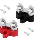 2 Pack Battery Terminal Distribution Block With M8 Dual Studs Bus Bar Terminal Block For Top Post Battery Terminals Negative And Positive 12V Power Distribution Block For Car Truck Marine And Heavy Duty Applications, with visible red and black bases and accompanying screws.