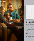 Slick Touch Dimmer Switch For Led And Halogen Lighting Single Pole And Three Way Setup Requires Neutral Wire Ul Certified Includes Wall Plate No Sweat Wiring Buttery Smooth Brightness Glide Matte White Finish installed in a cozy living room with family.