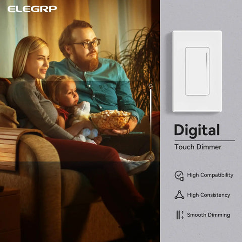 Slick Touch Dimmer Switch For Led And Halogen Lighting Single Pole And Three Way Setup Requires Neutral Wire Ul Certified Includes Wall Plate No Sweat Wiring Buttery Smooth Brightness Glide Matte White Finish installed in a cozy living room with family.