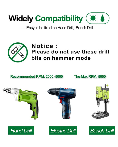 Top Tier Diamond Drill Bit Kit With Quick Fit Hex Shank And Ph2 Screwdriver Bits For Cruising Through Ceramic Tile Porcelain Granite And Marble Like A Boss In 12 Piece shown with hand drill, electric drill, and bench drill compatibility.