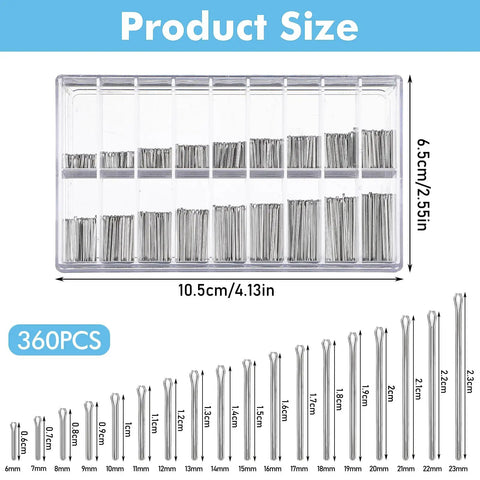 360 Piece Watch Band Pins Kit, Stainless Steel Cotter Pins, Replacement Link Pins For Watch Bands, 18 Sizes, assortment in box