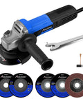 Rugged 7.5 Amp Angle Grinder With 4 1/2 Inch Wheel, 12,000 RPM, includes grinding wheels, cutting wheels, flap disc, handle, blue.