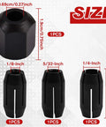 Replacement Collet And Nut Kit For CN1, 3 Pcs With 1/8 Inch, 5/32 Inch, 1/4 Inch Collets, 1 Nut, size dimensions shown