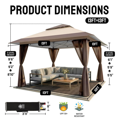 Easy Setup 13x13 Pop Up Gazebo With Wheeled STO-N-Go Cover Bag, 13x13 dimensions, beige and coffee color, weather resistant
