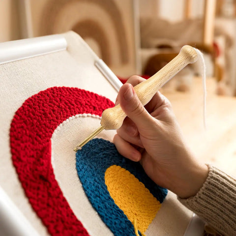 Person using adjustable punch needle embroidery kit for beginners and adults with wooden handle on colorful fabric.