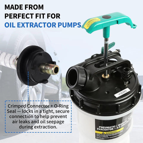Vacuum Fluid Extractor Hose Kit For Pneumatic Or Manual Pumps, 5-Piece Set, close-up of connector and tool base