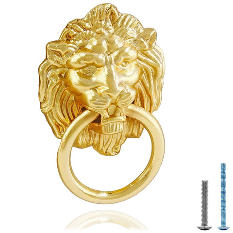 Lion Head Cabinet Pull Handle Set Five Piece For Dresser Wardrobe Kitchen Cupboard Ring Drawer Pulls With Screws Gold Finish