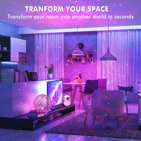 Colorful room illuminated with Star Galaxy Projector Night Light For Kids And Adults Nebula Ceiling Decor Galaxy Bedroom Projector.
