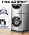 Front view of a washer and dryer stacked on a Beefed Up Heavy Duty Washing Machine Dolly With All Steel Frame Adjustable 21 To 29 Inch Width 700 Lb Capacity Four Brake Wheels Multi Use Appliance Roller For Washer Dryer Refrigerator, showing strong load capacity.